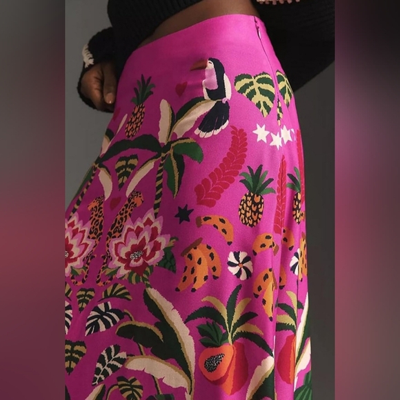 Midi Skirt Tropical Plant Print Pink Zipper A-Line Long Spring Summer. Medium - Picture 2 of 4